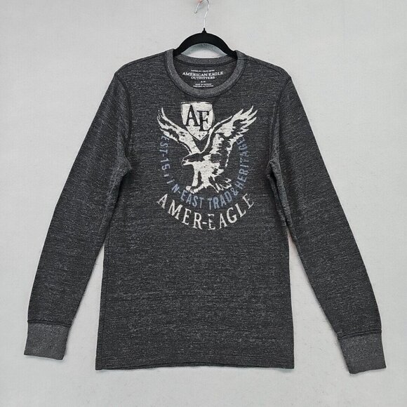 American Eagle Y2K Graphic T-Shirt Mens S Gray Waffle Knit Vintage Fit Preppy - Picture 1 of 8
